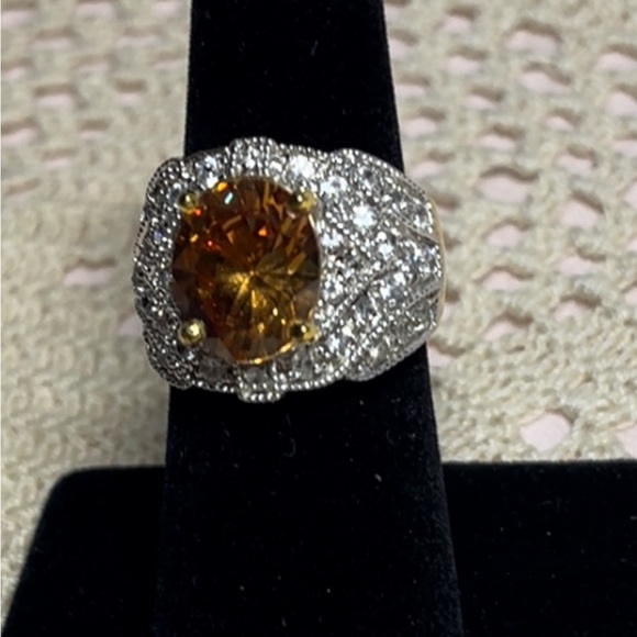 Gold Plated Citrine and Cubic Zirconia Ring, Sz 7 - Picture 5 of 8
